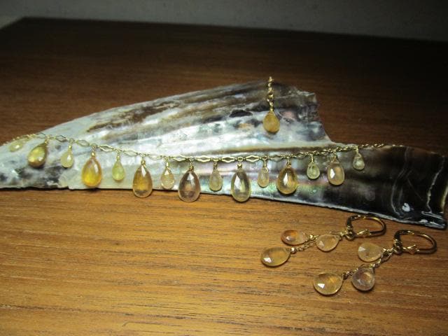 Sri Lanka Golden PADPARADSCHA SAPPHIRE faceted briolette beads 14k Gold filled necklace & earrings set