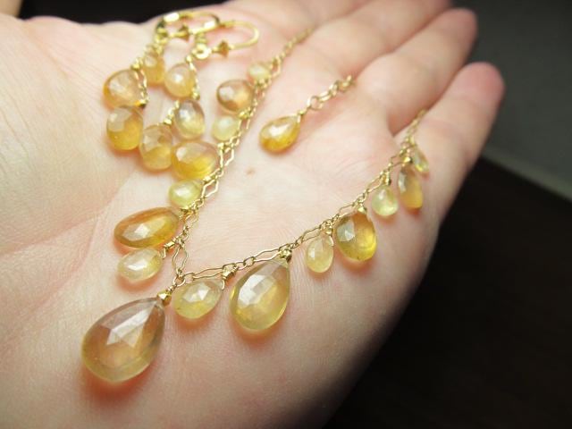 Sri Lanka Golden PADPARADSCHA SAPPHIRE faceted briolette beads 14k Gold filled necklace & earrings set
