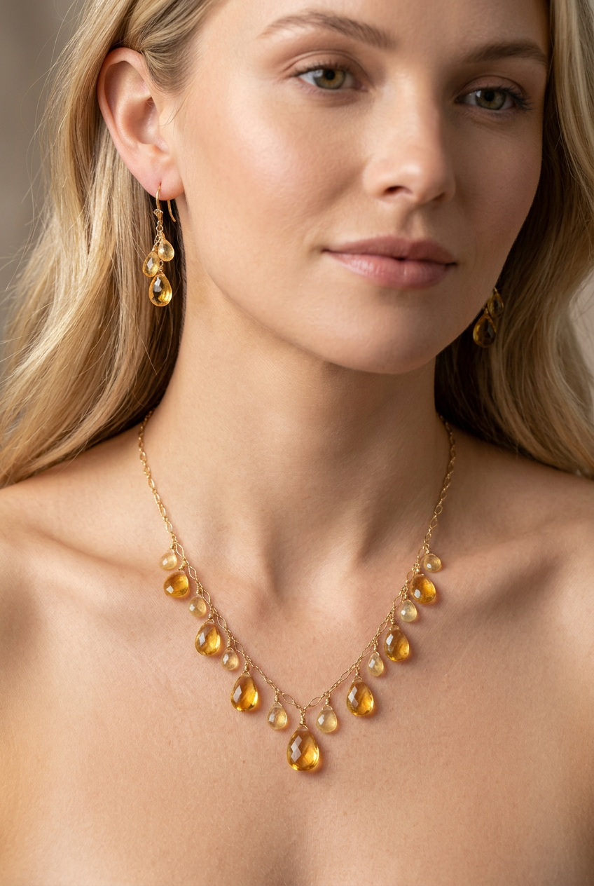 Sri Lanka Golden PADPARADSCHA SAPPHIRE faceted briolette beads 14k Gold filled necklace & earrings set