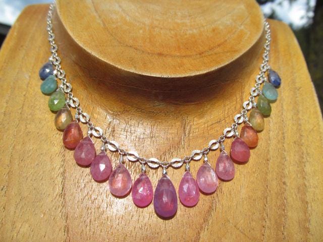 Rainbow SRI LANKA SAPPHIRE faceted briolette beads Sterling Silver Necklace