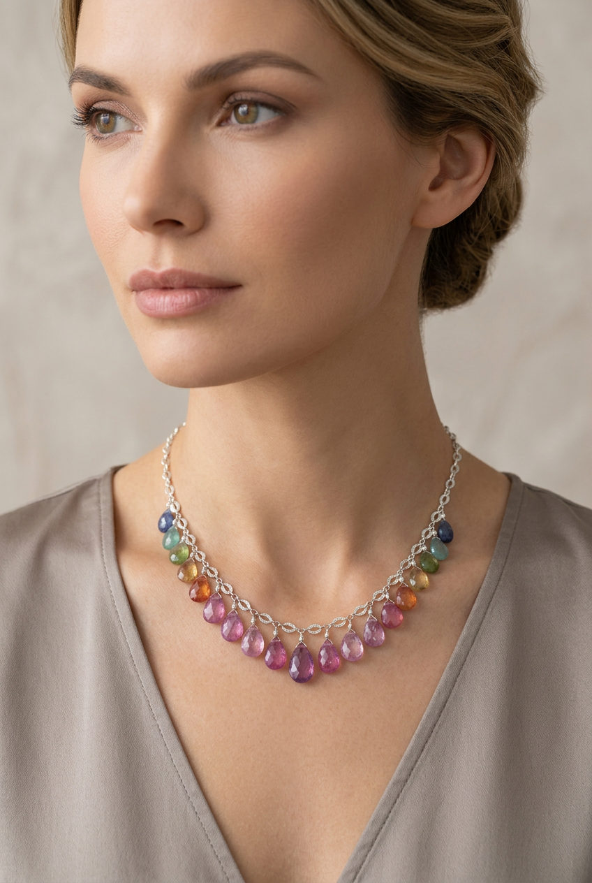 Rainbow SRI LANKA SAPPHIRE faceted briolette beads Sterling Silver Necklace