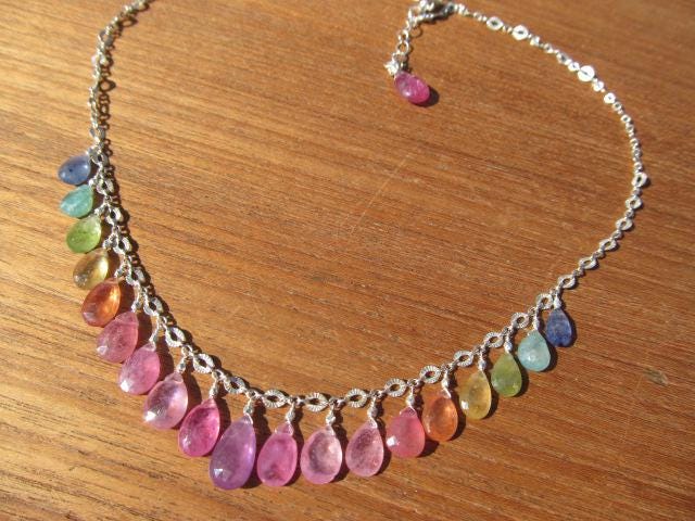 Rainbow SRI LANKA SAPPHIRE faceted briolette beads Sterling Silver Necklace