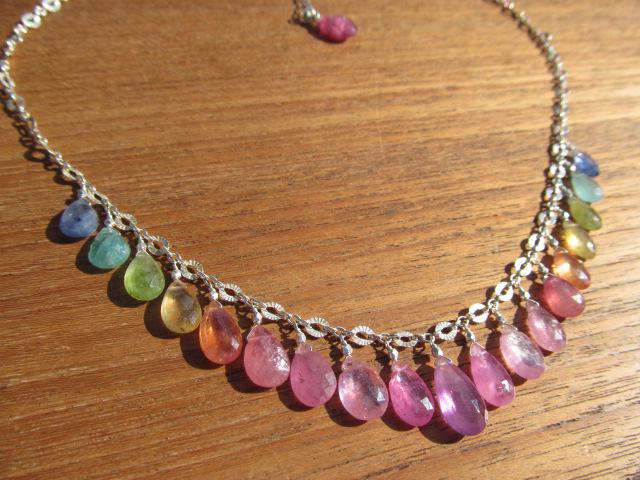 Rainbow SRI LANKA SAPPHIRE faceted briolette beads Sterling Silver Necklace
