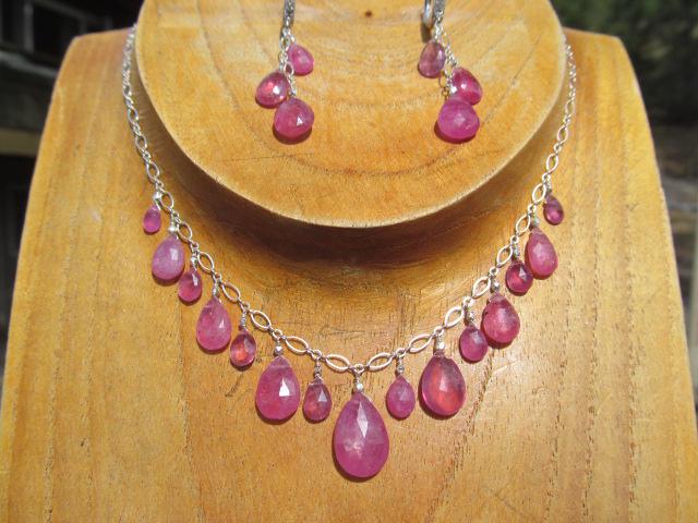 Pink SRI LANKA SAPPHIRE faceted briolette beads Sterling Silver necklace & earrings set