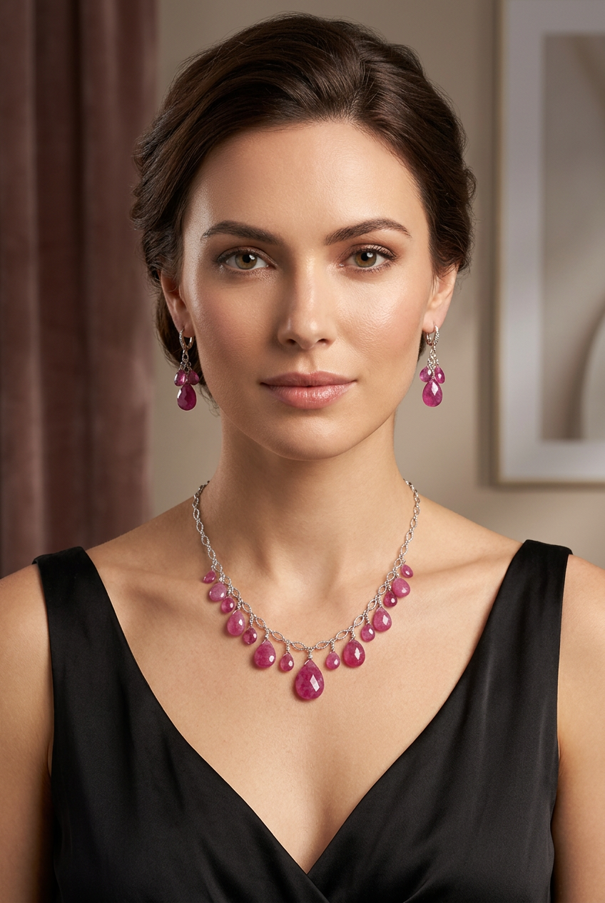 Pink SRI LANKA SAPPHIRE faceted briolette beads Sterling Silver necklace & earrings set