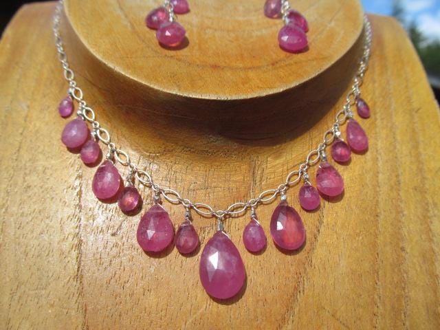 Pink SRI LANKA SAPPHIRE faceted briolette beads Sterling Silver necklace & earrings set