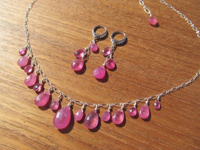 Pink SRI LANKA SAPPHIRE faceted briolette beads Sterling Silver necklace & earrings set