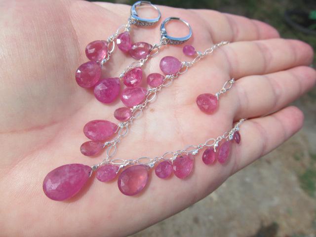 Pink SRI LANKA SAPPHIRE faceted briolette beads Sterling Silver necklace & earrings set