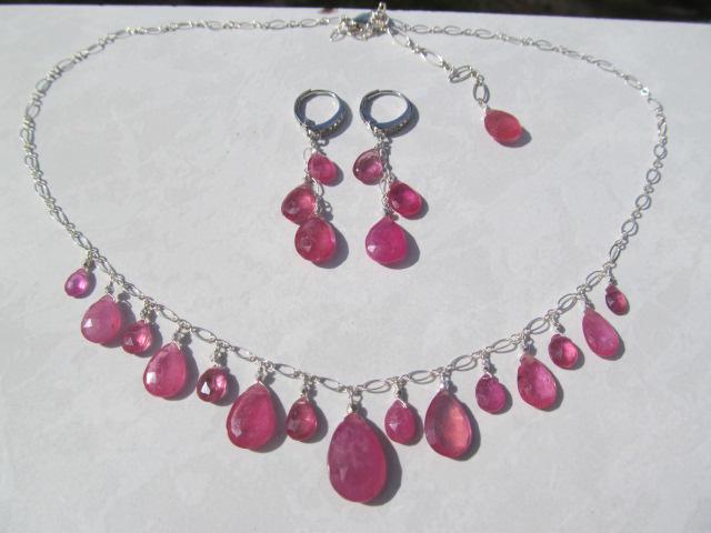 Pink SRI LANKA SAPPHIRE faceted briolette beads Sterling Silver necklace & earrings set