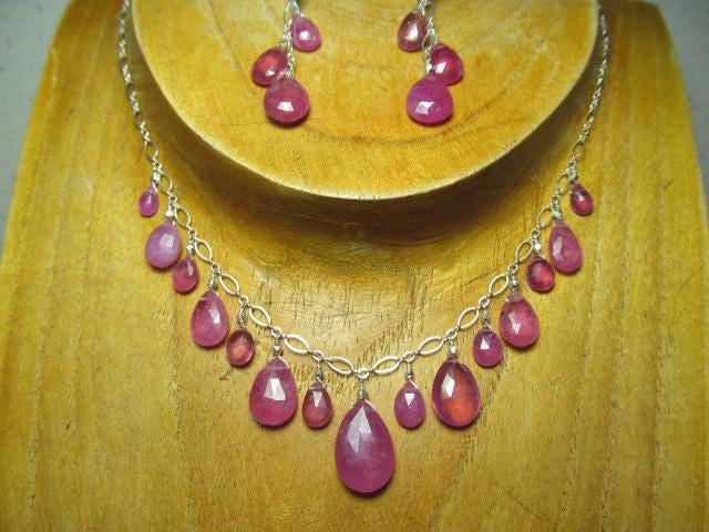 Pink SRI LANKA SAPPHIRE faceted briolette beads Sterling Silver necklace & earrings set