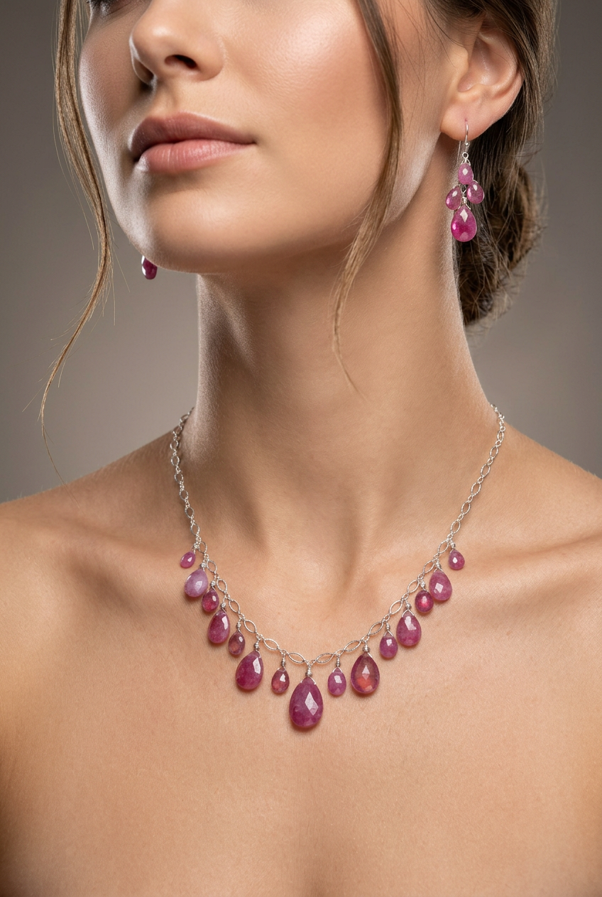 Pink SRI LANKA SAPPHIRE faceted briolette beads Sterling Silver necklace & earrings set