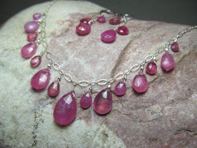 Pink SRI LANKA SAPPHIRE faceted briolette beads Sterling Silver necklace & earrings set