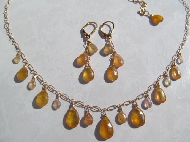 Sri Lanka PADPARADSCHA SAPPHIRE faceted briolette beads 14k Gold filled necklace & earrings set