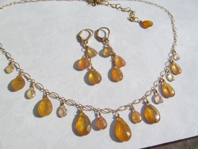 Sri Lanka PADPARADSCHA SAPPHIRE faceted briolette beads 14k Gold filled necklace & earrings set
