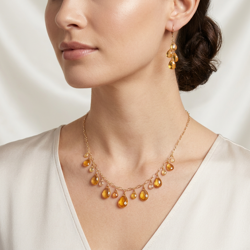 Sri Lanka PADPARADSCHA SAPPHIRE faceted briolette beads 14k Gold filled necklace & earrings set