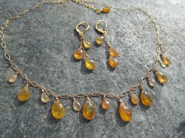Sri Lanka PADPARADSCHA SAPPHIRE faceted briolette beads 14k Gold filled necklace & earrings set