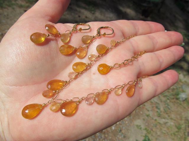 Sri Lanka PADPARADSCHA SAPPHIRE faceted briolette beads 14k Gold filled necklace & earrings set