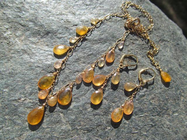 Sri Lanka PADPARADSCHA SAPPHIRE faceted briolette beads 14k Gold filled necklace & earrings set