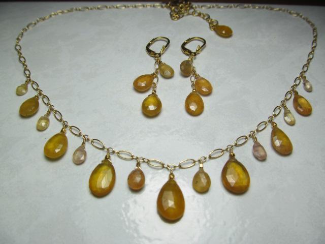Sri Lanka PADPARADSCHA SAPPHIRE faceted briolette beads 14k Gold filled necklace & earrings set