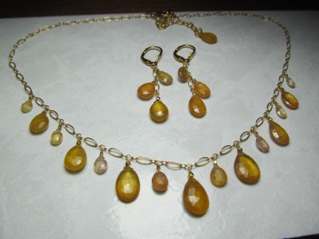 Sri Lanka PADPARADSCHA SAPPHIRE faceted briolette beads 14k Gold filled necklace & earrings set