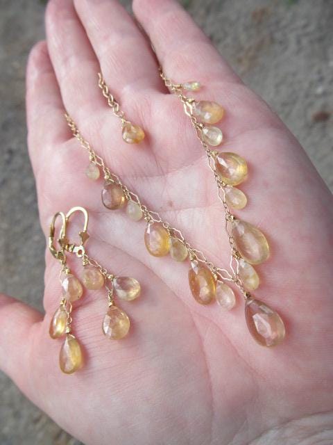 Sri Lanka Golden PADPARADSCHA SAPPHIRE faceted briolette beads 14k Gold filled necklace & earrings set