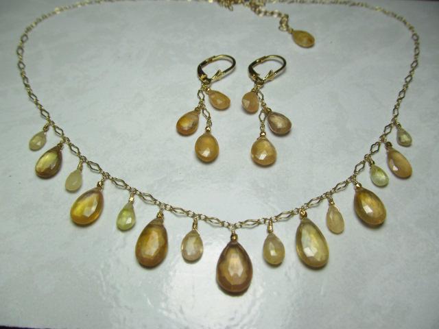 Sri Lanka Golden PADPARADSCHA SAPPHIRE faceted briolette beads 14k Gold filled necklace & earrings set