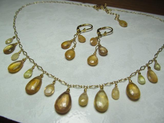 Sri Lanka Golden PADPARADSCHA SAPPHIRE faceted briolette beads 14k Gold filled necklace & earrings set