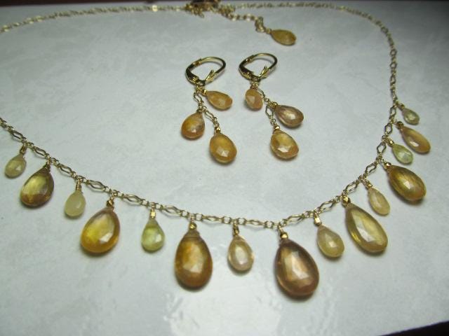 Sri Lanka Golden PADPARADSCHA SAPPHIRE faceted briolette beads 14k Gold filled necklace & earrings set
