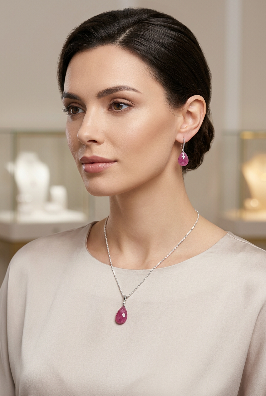 Pink SRI LANKA SAPPHIRE faceted briolette Sterling Silver drop Pendant & earrings Set