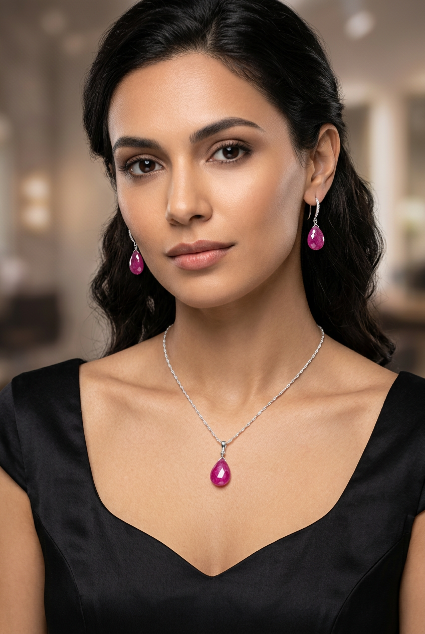 Pink SRI LANKA SAPPHIRE faceted briolette Sterling Silver drop Pendant & earrings Set