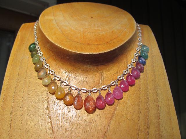 Rainbow SRI LANKA SAPPHIRE & Multi Gemstone faceted briolette beads Sterling Silver Necklace