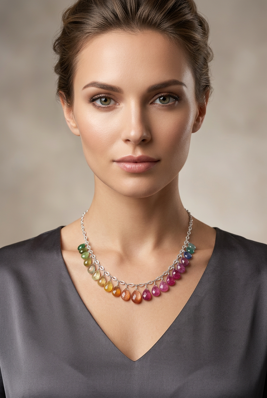 Rainbow SRI LANKA SAPPHIRE & Multi Gemstone faceted briolette beads Sterling Silver Necklace