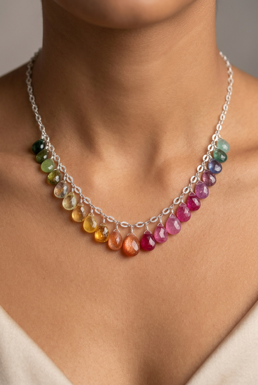Rainbow SRI LANKA SAPPHIRE & Multi Gemstone faceted briolette beads Sterling Silver Necklace