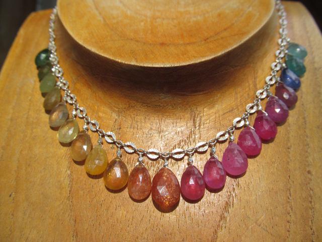 Rainbow SRI LANKA SAPPHIRE & Multi Gemstone faceted briolette beads Sterling Silver Necklace