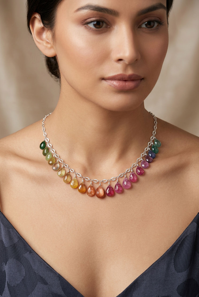 Rainbow SRI LANKA SAPPHIRE & Multi Gemstone faceted briolette beads Sterling Silver Necklace