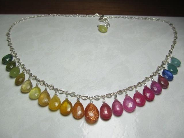 Rainbow SRI LANKA SAPPHIRE & Multi Gemstone faceted briolette beads Sterling Silver Necklace