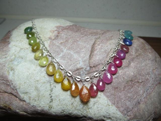 Rainbow SRI LANKA SAPPHIRE & Multi Gemstone faceted briolette beads Sterling Silver Necklace