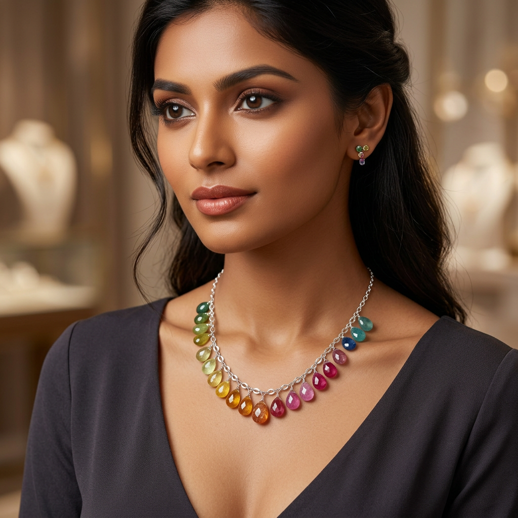 Rainbow SRI LANKA SAPPHIRE & Multi Gemstone faceted briolette beads Sterling Silver Necklace