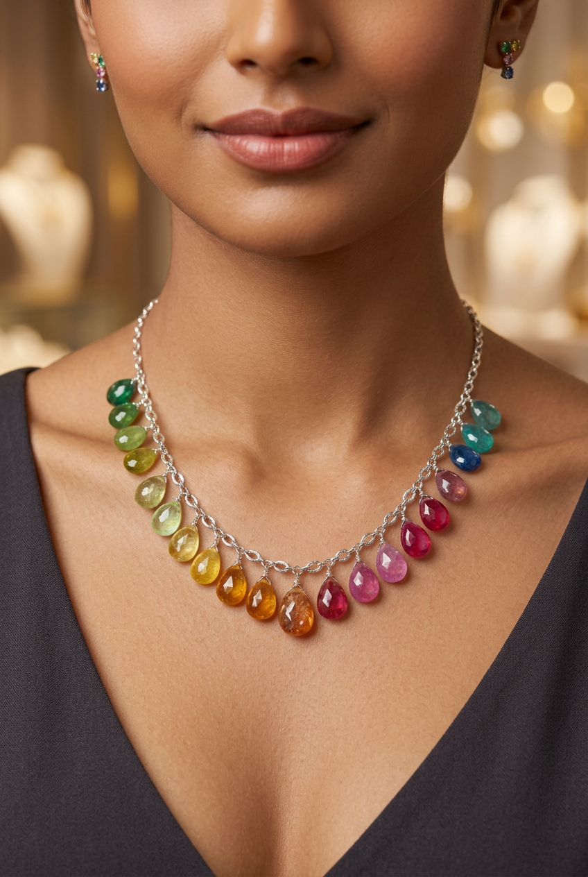 Rainbow SRI LANKA SAPPHIRE & Multi Gemstone faceted briolette beads Sterling Silver Necklace