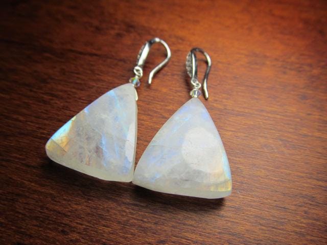 RAINBOW MOONSTONE Smooth Triangle beads Sterling Silver Drop Earrings
