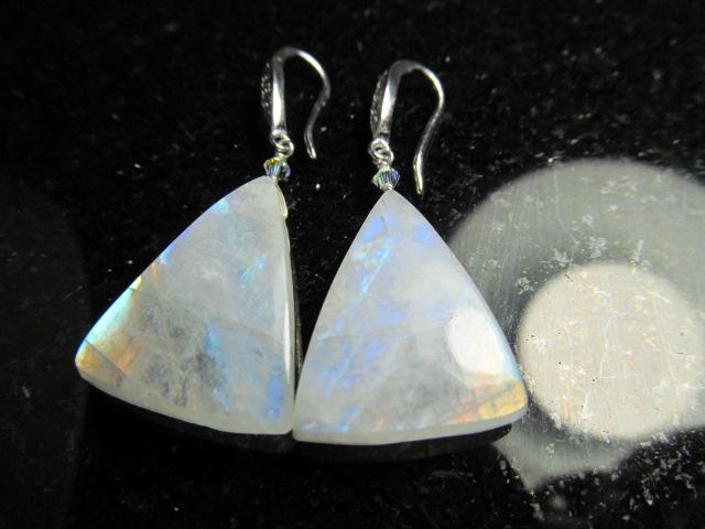 RAINBOW MOONSTONE Smooth Triangle beads Sterling Silver Drop Earrings