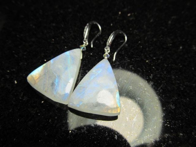 RAINBOW MOONSTONE Smooth Triangle beads Sterling Silver Drop Earrings