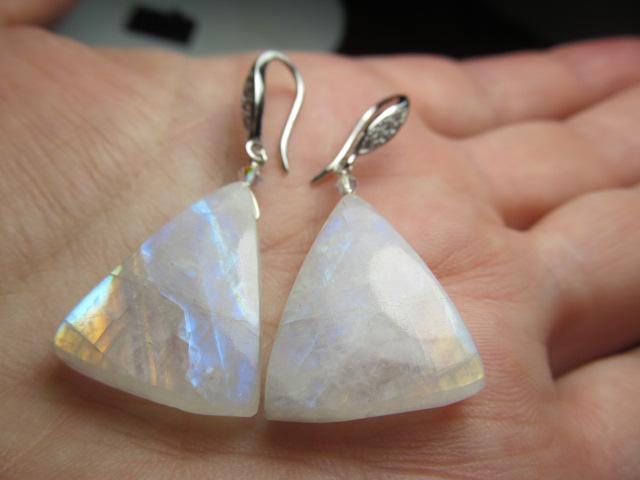 RAINBOW MOONSTONE Smooth Triangle beads Sterling Silver Drop Earrings