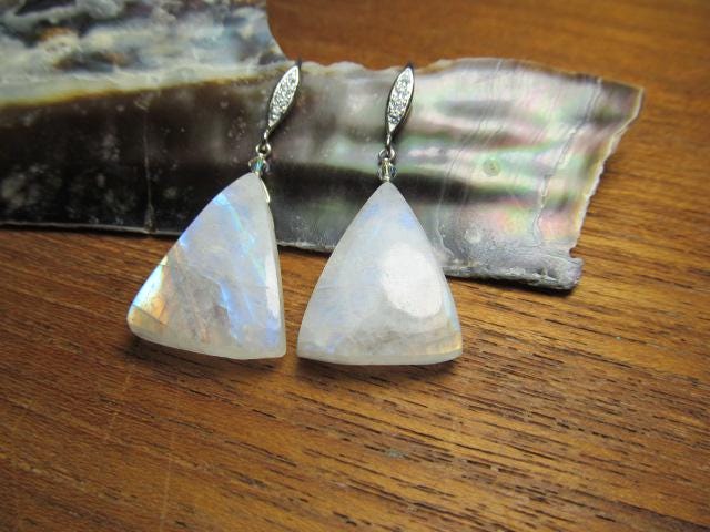 RAINBOW MOONSTONE Smooth Triangle beads Sterling Silver Drop Earrings