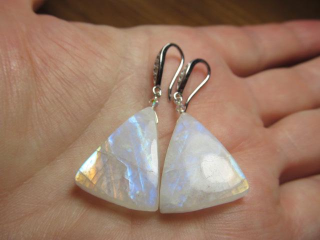 RAINBOW MOONSTONE Smooth Triangle beads Sterling Silver Drop Earrings