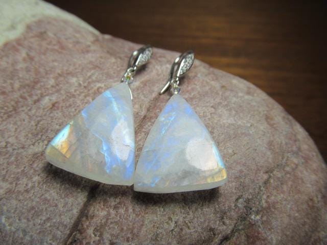RAINBOW MOONSTONE Smooth Triangle beads Sterling Silver Drop Earrings