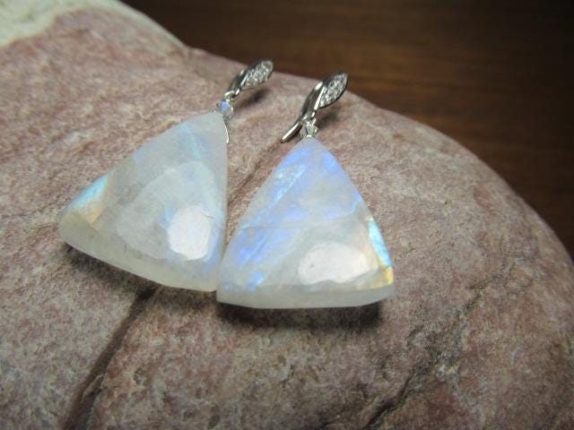 RAINBOW MOONSTONE Smooth Triangle beads Sterling Silver Drop Earrings