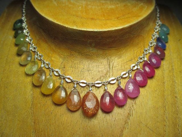 Rainbow SRI LANKA SAPPHIRE & Multi Gemstone faceted briolette beads Sterling Silver Necklace