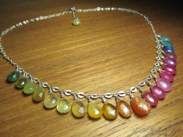 Rainbow SRI LANKA SAPPHIRE & Multi Gemstone faceted briolette beads Sterling Silver Necklace
