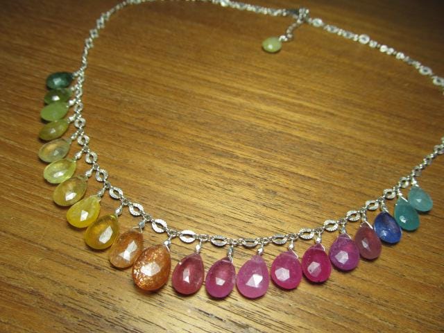 Rainbow SRI LANKA SAPPHIRE & Multi Gemstone faceted briolette beads Sterling Silver Necklace